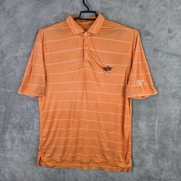 Mens Tech Orange & White Striped OSU Polo Shirt Short Sleeve Polyester Stretch M - Picture 2 of 9